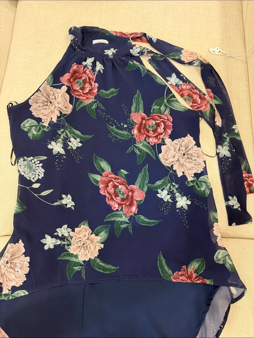 Sweet Pea Navy Floral Halter Dress Top with Pink Blooms